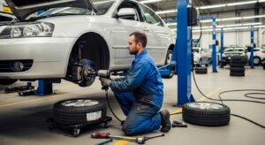 Mechanic performing tire rotation service