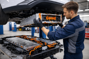 Mechanic performing EV battery maintenance