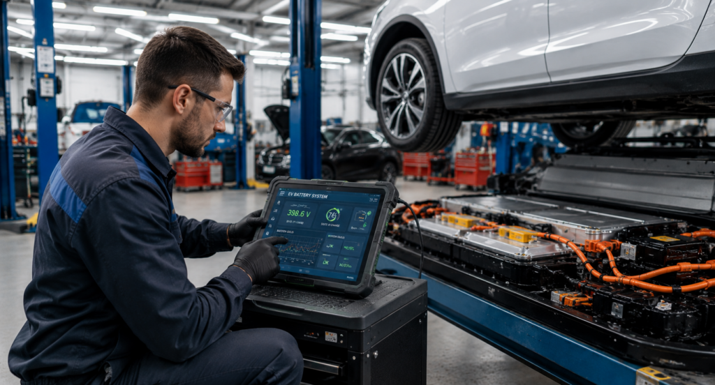 Automotive technician performing EV diagnostic scan