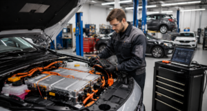 Electric vehicle battery inspection inside a modern automotive repair shop