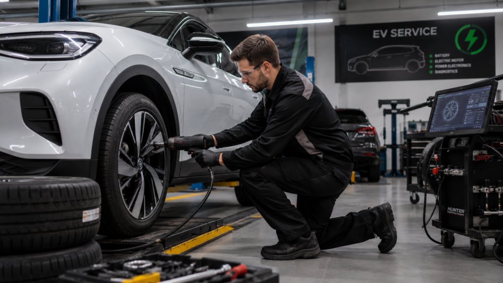Electric vehicle tire service and wheel maintenance