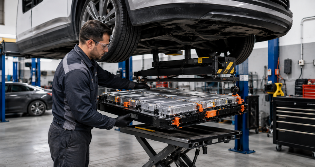 Technician removing electric vehicle battery pack during EV maintenance service