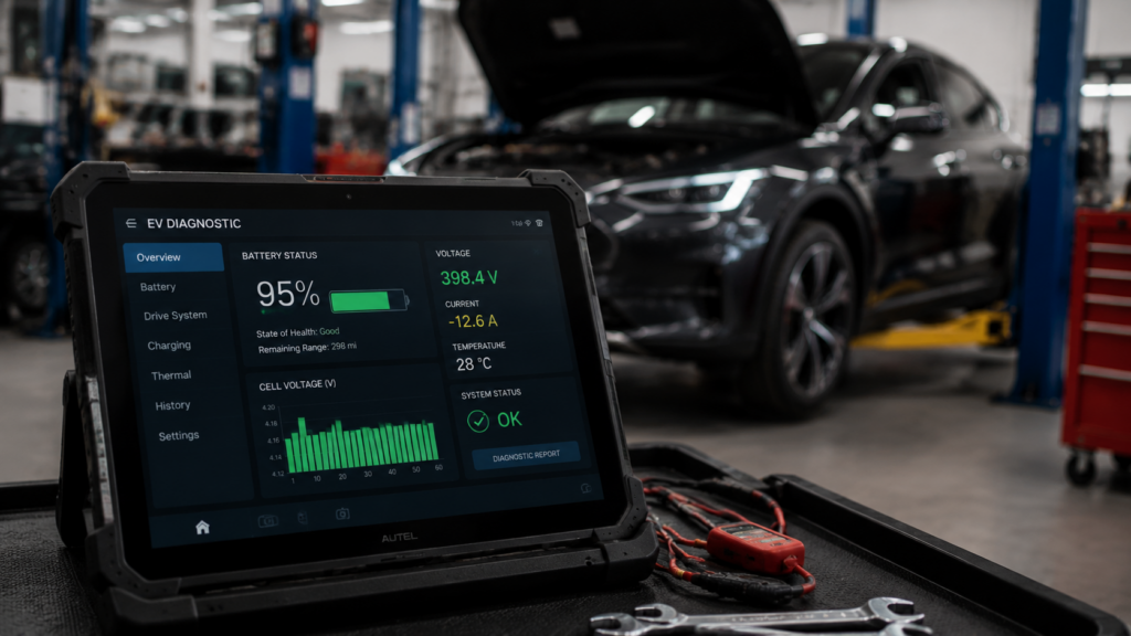 EV diagnostic scan showing battery status and voltage readings