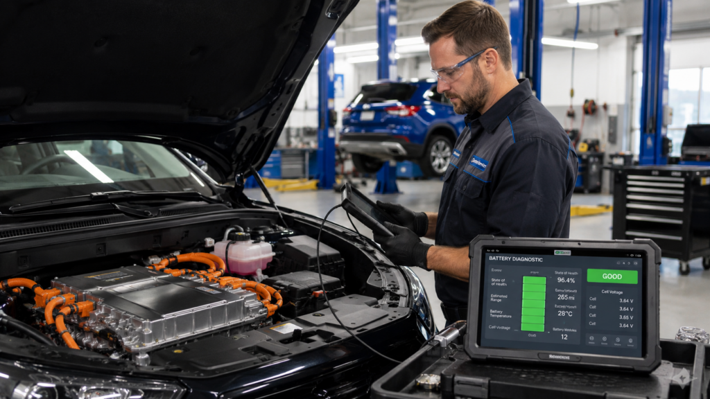 Mechanic performing electric vehicle battery diagnostic test in repair shop