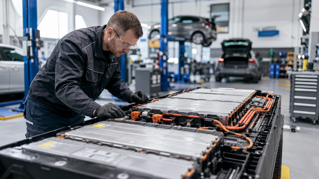 Technician inspecting electric vehicle battery pack in a modern auto repair shop
