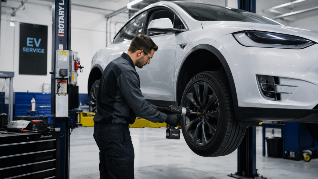 Technician performing tire and wheel maintenance on an electric vehicle in a garage
