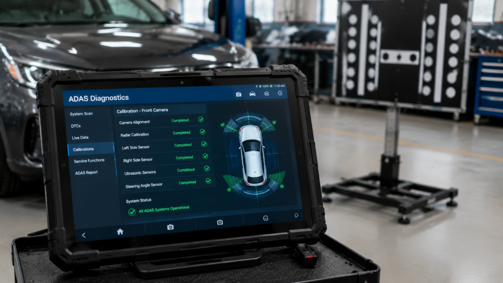 ADAS diagnostic screen showing vehicle sensor calibration and system status