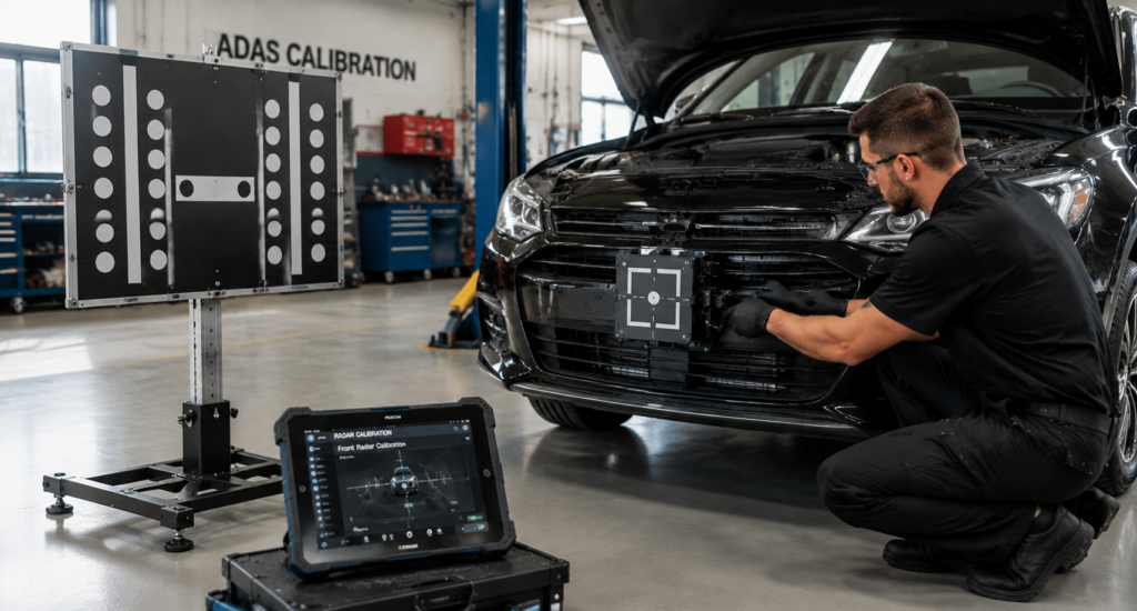 Front bumper radar sensor ADAS calibration in automotive repair garage