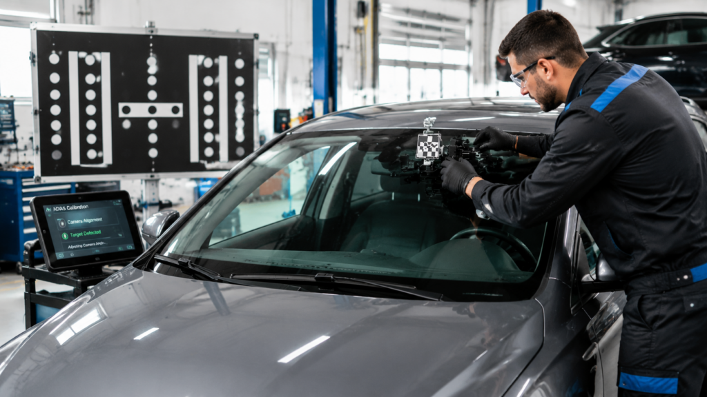 Technician calibrating windshield camera for ADAS system in modern auto shop