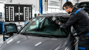 Technician calibrating windshield camera for ADAS system in modern auto shop