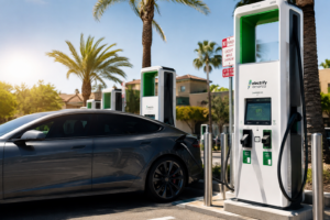 Electric vehicle charging in hot weather at a California charging station