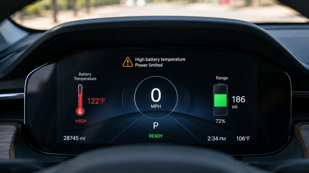 Electric vehicle dashboard showing high battery temperature