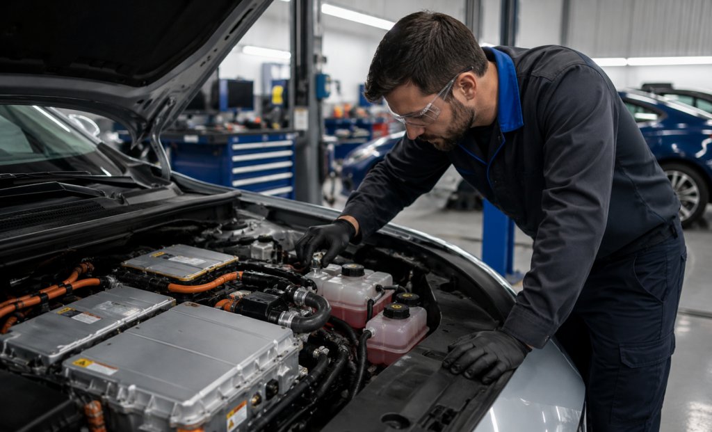 Technician inspecting electric vehicle battery cooling system