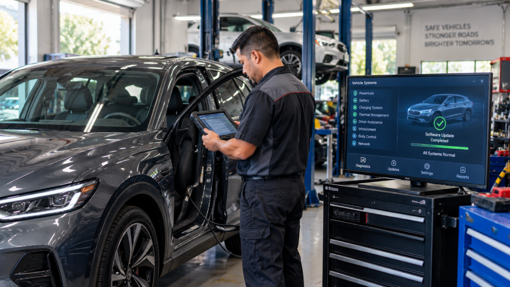 Automotive technician using diagnostic tablet to inspect software systems on a modern vehicle