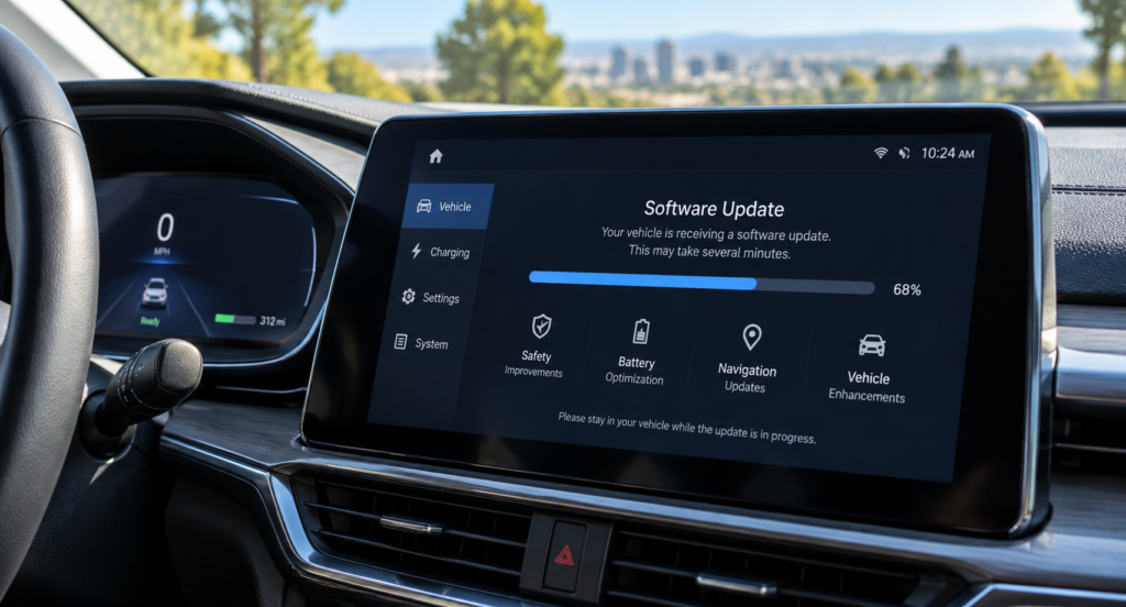 Modern vehicle dashboard displaying an over-the-air software update in progress
