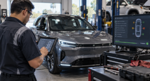 Technician performing advanced vehicle diagnostics on a modern software-defined vehicle