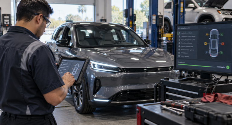 Technician performing advanced vehicle diagnostics on a modern software-defined vehicle